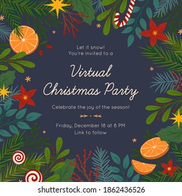 Christmas And Happy New Year Virtual Party Invitation Template During Covid 19.Modern Vector Layout With Traditional Winter Holiday Symbols.Xmas Trendy Design For Banners,prints,social Media.