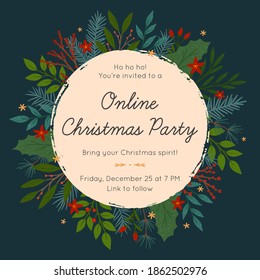 Christmas And Happy New Year Virtual Party Invitation Template During Covid 19.Modern Vector Layout With Traditional Winter Holiday Symbols.Xmas Trendy Design For Banners,prints,social Media.