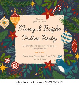 Christmas And Happy New Year Virtual Party Invitation Template During Covid 19.Modern Vector Layout With Traditional Winter Holiday Symbols.Xmas Trendy Design For Banners,prints,social Media.