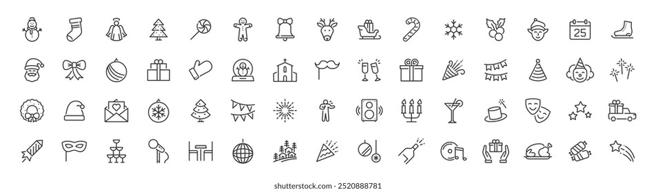 Christmas and Happy New Year web icons in line style. Xmas, winter, party, santa, tree, event, bell, snow, angel, fireworks, snowman, collection. Vector illustration.