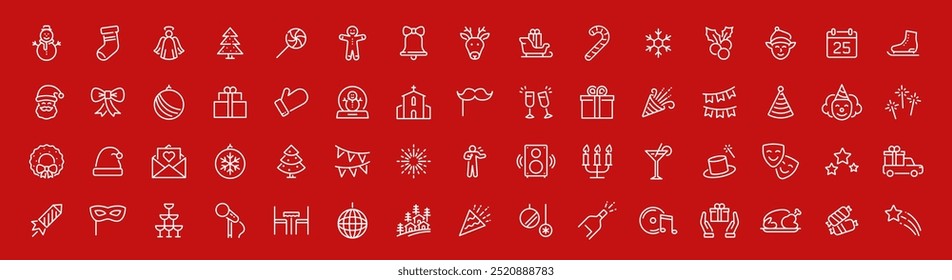 Christmas and Happy New Year web icons in line style. Xmas, winter, party, santa, tree, event, bell, snow, angel, fireworks, snowman, collection. Vector illustration.