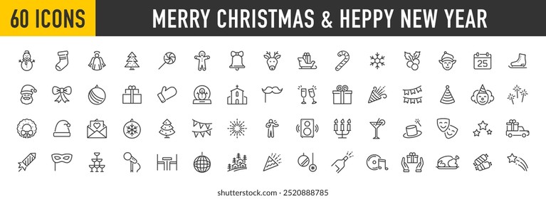 Christmas and Happy New Year web icons in line style. Xmas, winter, party, santa, tree, event, bell, snow, angel, fireworks, snowman, collection. Vector illustration.