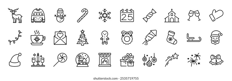 Christmas and Happy New Year web icons in line style. Xmas, winter, party, santa, tree, event, bell, snow, fireworks, collection. Vector illustration.