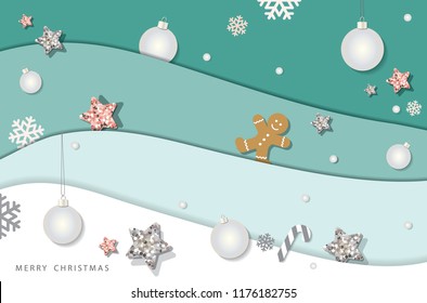 Christmas and happy new year winter background. Paper cutout layers, decorated with glitter stars, snowflakes and balls.