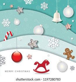 Christmas and happy new year winter background. 3d paper cutout layers with decorative elements.