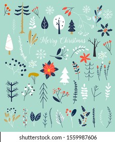 Christmas and Happy New Year. Winter plants and flowers. Hand drawn Vector illustration. Template for Scrapbooking,Stickers,Planner,Invitations.