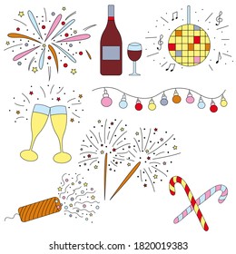 Christmas, Happy New Year and Winter icons collection. Set of holidays symbols, elements. Vector multicolored illustration