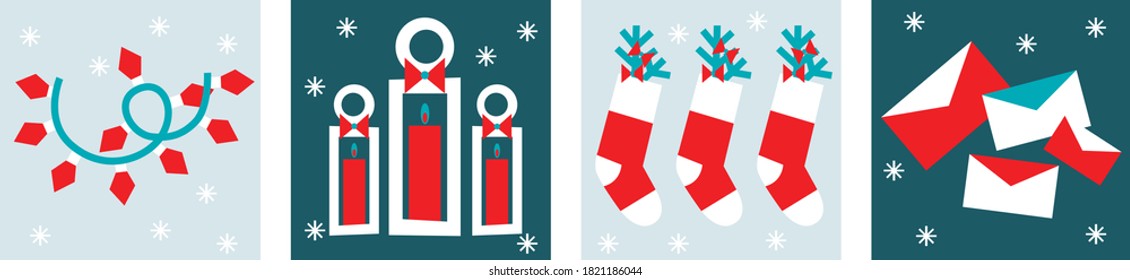 Christmas and Happy New Year. Winter Holiday. Merry Christmas modern design, holiday gifts, winter elements, candles, Christmas tree, village and Xmas decorations. 
