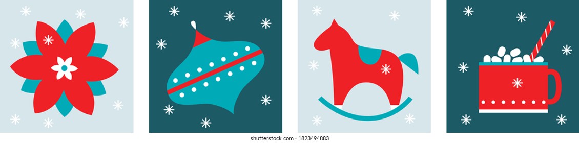 Cute Vintage Illustrationen Frohe Weihnachten. Weihnachtsbaumdekorationen, Weihnachtsblume, Pony, Kakao-Schlamm. Neue Jahre Symbole flach Stil. Satz von neuen Jahressymbolen skandinavisches Design