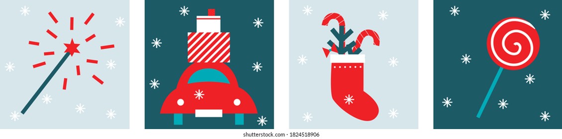 Christmas and Happy New Year. Winter Holiday. Merry Christmas modern design, holiday gifts, winter elements, candles, Christmas tree, village and Xmas decorations. 