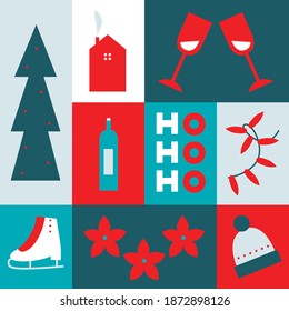 Christmas and Happy New Year. Winter Holiday. Merry Christmas modern design, holiday gifts, winter elements, candles, Christmas tree, village and Xmas decorations. 
