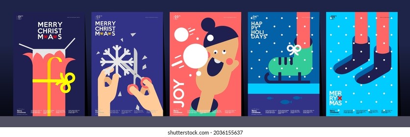 Christmas and Happy New Year. Winter Holiday. Trendy Style. Simple flat illustrations. Set of vector postcards. 