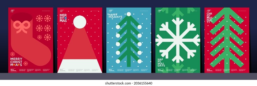 Christmas and Happy New Year. Winter Holiday. Trendy Style. Simple flat illustrations. Set of vector postcards. 