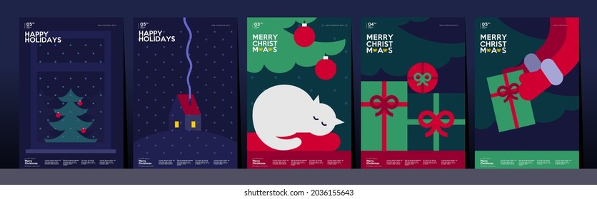 Christmas and Happy New Year. Winter Holiday. Trendy Style. Simple flat illustrations. Set of vector postcards. 