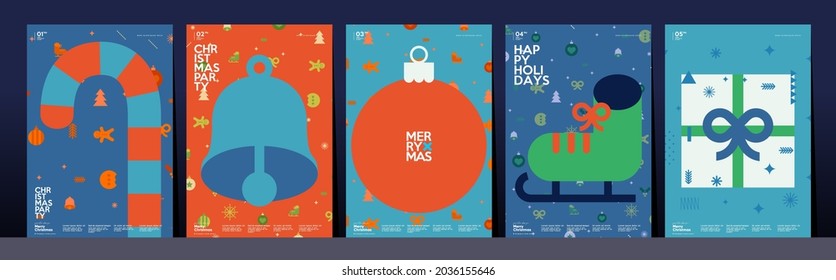 Christmas and Happy New Year. Winter Holiday. Trendy Style. Simple flat illustrations. Set of vector postcards. 