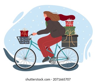 Christmas and Happy New Year winter holidays concept. The girl rides a bicycle with gifts. Vector illustration