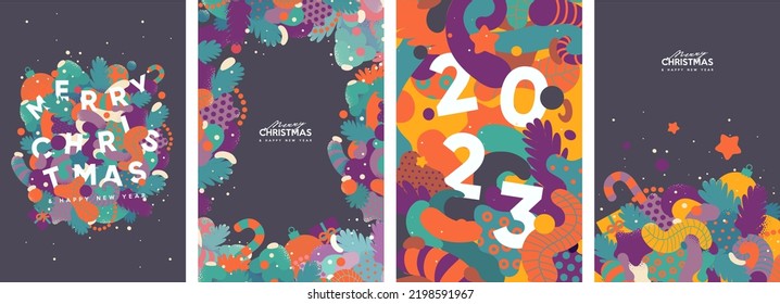 Christmas and Happy New Year. Winter Holiday. 2023. Simple flat illustrations. Set of vector postcards.