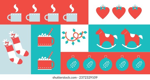 Christmas and Happy New Year. Winter Holiday. Merry Christmas modern design, holiday gifts, winter elements, candles, Christmas tree, village and Xmas decorations. 
