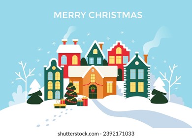 Christmas and Happy New Year winter wonderland landscape with houses. Village, houses, Christmas trees, snow on light blue background.	
