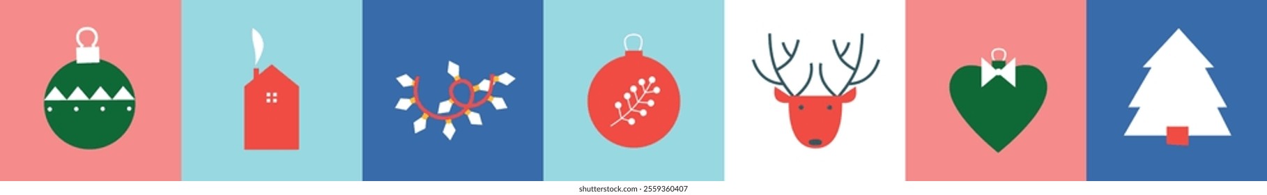 Christmas and Happy New Year. Winter Holiday. Merry Christmas modern design, holiday gifts, winter elements, candles, Christmas tree, village and Xmas decorations.	
