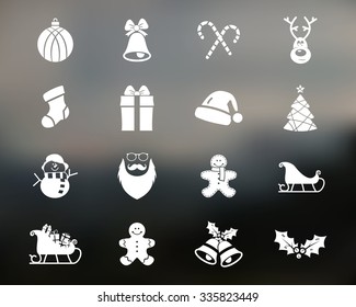 Christmas, Happy New Year and Winter icons collection. Set of holidays symbols, elements - santa, deer, gift, snowman, candy, toys for web, app, Vector silhouette isolated on blurred background