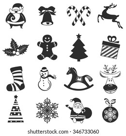 Christmas, Happy New Year and Winter icons collection. Set of holidays symbols, elements - santa, deer, gift, snowman, candy, toys for web, app, print. Vector monochrome silhouette illustration