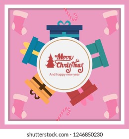 Christmas and Happy New year wish greeting card banners with fir branches,style Colorful decorative frame.Background decoration  theme of the festival holiday concept
