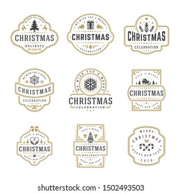 Christmas and happy new year wishes labels and badges set vector illustration. Vintage typographic decoration objects, symbols and ornate elements vector illustration