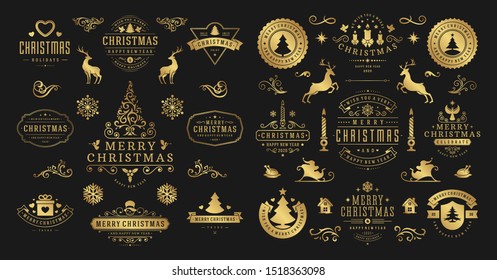 Christmas and happy new year wishes labels and badges set vector illustration. Vintage typographic decoration objects, symbols and ornate elements vector illustration