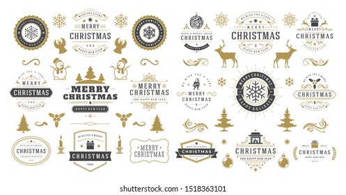 Christmas and happy new year wishes labels and badges set vector illustration. Vintage typographic decoration objects, symbols and ornate elements vector illustration