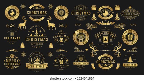 Christmas and happy new year wishes labels and badges set vector illustration. Vintage typographic decoration objects, symbols and ornate elements vector illustration