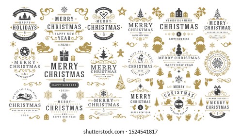 Christmas and happy new year wishes labels and badges set vector illustration. Vintage typographic decoration objects, symbols and ornate elements vector illustration