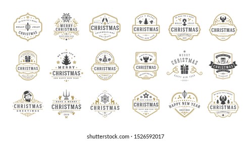 Christmas and happy new year wishes labels and badges set vector illustration. Vintage typographic decoration objects, symbols and ornate elements vector illustration