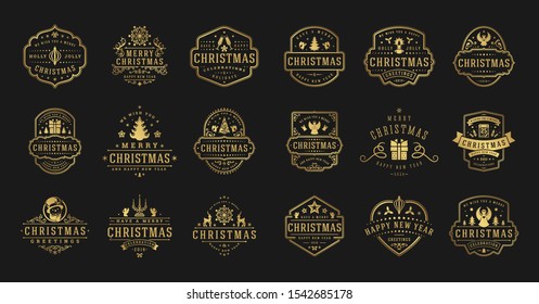 Christmas and happy new year wishes labels and badges set vector illustration. Vintage typographic decoration objects, symbols and ornate elements vector illustration