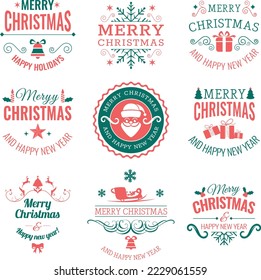 Christmas and happy new year wishes labels and badges set vector illustration. Vintage typographic decoration objects, symbols and ornate elements vector illustration