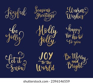 Christmas and Happy New Year wishes for labels, emblems, logo, text, greeting cards set. Vector winter holidays stickers backgrounds with hand lettering calligraphy