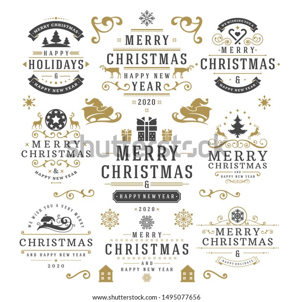 Christmas and happy\
new year wishes labels and badges set vector illustration. Vintage\
typographic decoration objects, symbols and ornate elements vector\
illustration