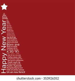 Christmas and Happy New Year word Tag Cloud shaped as a tree, Red Greeting Card with text