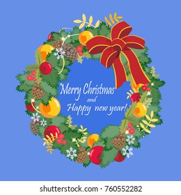  Christmas and Happy new year wreath decoration with bow leaf pine cone and ball , vector illustration.