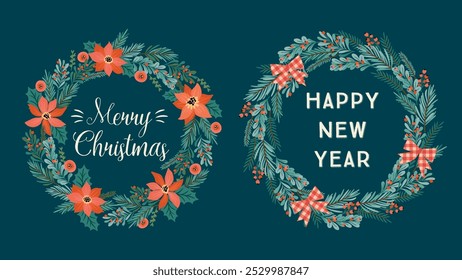 Christmas and Happy New Year wreaths. Garlands, Christmas tree, light bulbs, decoration. New Year symbols. Vector design template.