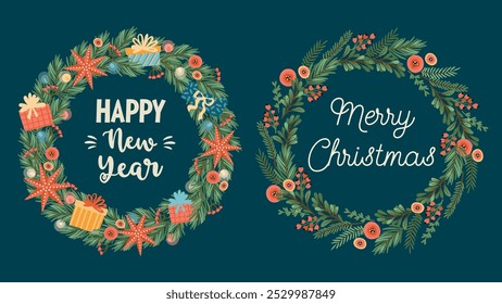 Christmas and Happy New Year wreaths. Garlands, Christmas tree, light bulbs, decoration. New Year symbols. Vector design template.