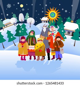 Christmas. Happy New Year.Christmas greeting card.The children are singing christmas song. Vector illustration.