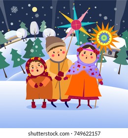 Christmas. Happy New Year.Christmas greeting card.The children are singing christmas song.