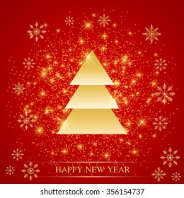 Christmas and Happy New Years on the red background  with golden snowflakes and  fir . Vector illustration.