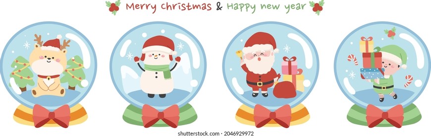 Navidad y feliz año nuevo. Papá Noel y un amigo en el globo de nieve sobre fondo blanco. Diseño de caricaturas escuetas. Imagen para tarjeta, papel pintado, pegatina, logotipo. Invierno.Kawaii.Isolated.Vector.Ilustración.