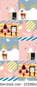 Christmas Happy, Nutscracker illustration cute deer animal, festival, illustration seamless pattern with frame, gift box, boxing card happy new year, santa, suitable for new year decoration 