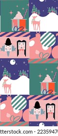 Christmas Happy, Nutscracker illustration cute deer animal, festival, illustration seamless pattern with frame, gift box, boxing card happy new year, santa, suitable for new year decoration 