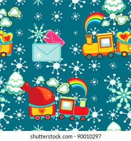 Christmas happy pattern of cartoon train with gifts, vector.
