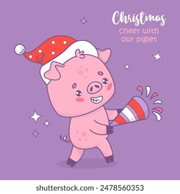 Christmas happy pig in Santa hat with festive cracker. Vector illustration. Holiday Xmas card with funny cartoon kawaii animal character with cool slogan