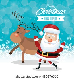 christmas happy and reindeer snowflake blue background